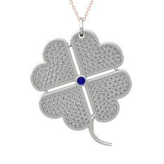 Lab safir ve beyaz zirkon 14 ayar beyaz altın kolye (40 cm rose altın rolo zincir)