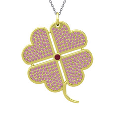 Kök yakut ve pembe kuvars 14 ayar altın kolye (40 cm gümüş rolo zincir)