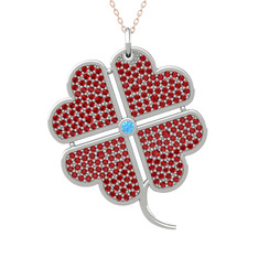Akuamarin ve garnet 14 ayar beyaz altın kolye (40 cm rose altın rolo zincir)