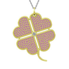 Büyük Yonca Kolye - Swarovski ve pembe kuvars 14 ayar altın kolye (40 cm gümüş rolo zincir) #f8owka