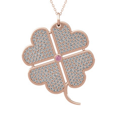 Büyük Yonca Kolye - Pembe kuvars ve swarovski 18 ayar rose altın kolye (40 cm rose altın rolo zincir) #g52p5b