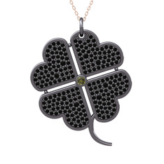 Büyük Yonca Kolye - Peridot ve siyah zirkon 925 ayar siyah rodyum kaplama gümüş kolye (40 cm rose altın rolo zincir) #gvcqnj