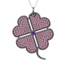 Büyük Yonca Kolye - Ametist ve pembe kuvars 925 ayar siyah rodyum kaplama gümüş kolye (40 cm gümüş rolo zincir) #h7sysb