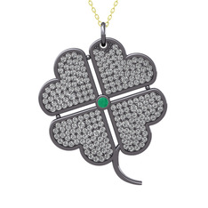 Büyük Yonca Kolye - Kök zümrüt ve beyaz zirkon 925 ayar siyah rodyum kaplama gümüş kolye (40 cm gümüş rolo zincir) #j4z2if