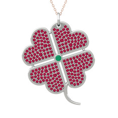 Büyük Yonca Kolye - Kök zümrüt ve rodolit garnet 14 ayar beyaz altın kolye (40 cm rose altın rolo zincir) #j5hpjh