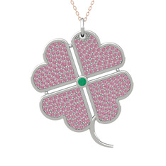 Büyük Yonca Kolye - Kök zümrüt ve pembe kuvars 18 ayar beyaz altın kolye (40 cm gümüş rolo zincir) #lqatr8