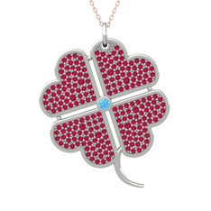 Büyük Yonca Kolye - Akuamarin ve rodolit garnet 18 ayar beyaz altın kolye (40 cm rose altın rolo zincir) #lu1p3m