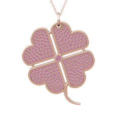 Büyük Yonca Kolye - Pembe kuvars 8 ayar rose altın kolye (40 cm rose altın rolo zincir) #m5oryc