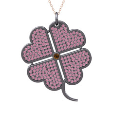 Büyük Yonca Kolye - Dumanlı kuvars ve pembe kuvars 925 ayar siyah rodyum kaplama gümüş kolye (40 cm rose altın rolo zincir) #mzcne9