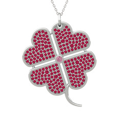 Büyük Yonca Kolye - Pembe kuvars ve rodolit garnet 18 ayar beyaz altın kolye (40 cm beyaz altın rolo zincir) #nlbj5g
