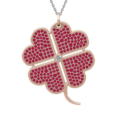 Büyük Yonca Kolye - Pırlanta ve rodolit garnet 14 ayar rose altın kolye (0.11 karat, 40 cm gümüş rolo zincir) #nsz2tc