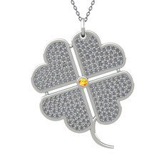 Büyük Yonca Kolye - Sitrin ve pırlanta 18 ayar beyaz altın kolye (3.3 karat, 40 cm gümüş rolo zincir) #nxgxa4