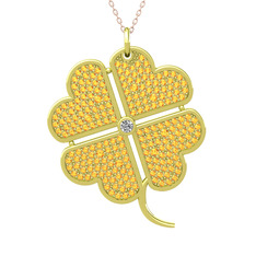 Büyük Yonca Kolye - Pırlanta ve sitrin 925 ayar altın kaplama gümüş kolye (0.11 karat, 40 cm rose altın rolo zincir) #oduzvf