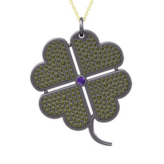 Ametist ve peridot 925 ayar siyah rodyum kaplama gümüş kolye (40 cm gümüş rolo zincir)
