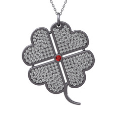 Büyük Yonca Kolye - Garnet ve swarovski 925 ayar siyah rodyum kaplama gümüş kolye (40 cm gümüş rolo zincir) #p8k0s2