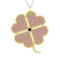 Büyük Yonca Kolye - Siyah zirkon ve pembe kuvars 925 ayar altın kaplama gümüş kolye (40 cm beyaz altın rolo zincir) #pk0nlq