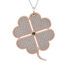 Büyük Yonca Kolye - Peridot ve beyaz zirkon 14 ayar rose altın kolye (40 cm beyaz altın rolo zincir) #q5z8ch