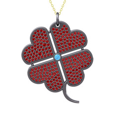 Büyük Yonca Kolye - Akuamarin ve garnet 925 ayar siyah rodyum kaplama gümüş kolye (40 cm gümüş rolo zincir) #q897jf