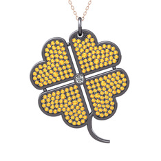 Büyük Yonca Kolye - Beyaz zirkon ve sitrin 925 ayar siyah rodyum kaplama gümüş kolye (40 cm gümüş rolo zincir) #qixplv