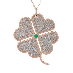 Büyük Yonca Kolye - Kök zümrüt ve swarovski 925 ayar rose altın kaplama gümüş kolye (40 cm rose altın rolo zincir) #qp3695