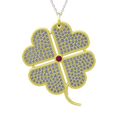 Büyük Yonca Kolye - Kök yakut ve pırlanta 18 ayar altın kolye (3.3 karat, 40 cm gümüş rolo zincir) #qrahi5