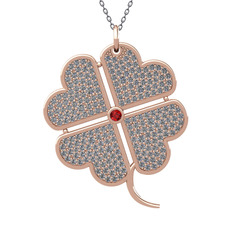Büyük Yonca Kolye - Garnet ve pırlanta 14 ayar rose altın kolye (3.3 karat, 40 cm gümüş rolo zincir) #r2wu5r