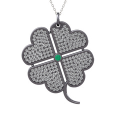 Büyük Yonca Kolye - Kök zümrüt ve swarovski 925 ayar siyah rodyum kaplama gümüş kolye (40 cm gümüş rolo zincir) #r5y2yi