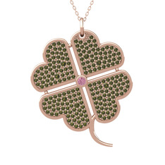 Pembe kuvars ve peridot 18 ayar rose altın kolye (40 cm rose altın rolo zincir)