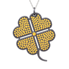 Büyük Yonca Kolye - Sitrin 925 ayar siyah rodyum kaplama gümüş kolye (40 cm beyaz altın rolo zincir) #srft87