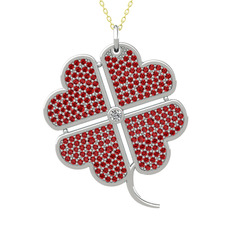 Büyük Yonca Kolye - Beyaz zirkon ve garnet 14 ayar beyaz altın kolye (40 cm altın rolo zincir) #t8xarv