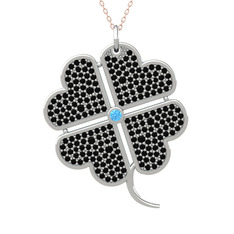 Büyük Yonca Kolye - Akuamarin ve siyah zirkon 925 ayar gümüş kolye (40 cm rose altın rolo zincir) #tb516g