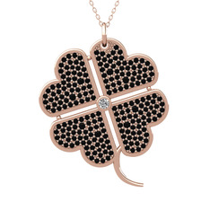 Büyük Yonca Kolye - Swarovski ve siyah zirkon 925 ayar rose altın kaplama gümüş kolye (40 cm rose altın rolo zincir) #tmuyh