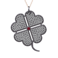 Büyük Yonca Kolye - Kök yakut ve swarovski 925 ayar siyah rodyum kaplama gümüş kolye (40 cm rose altın rolo zincir) #trf3p4