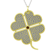 Büyük Yonca Kolye - Dumanlı kuvars ve pırlanta 8 ayar altın kolye (3.3 karat, 40 cm beyaz altın rolo zincir) #ubxbtd