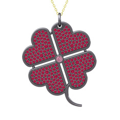 Büyük Yonca Kolye - Pembe kuvars ve rodolit garnet 925 ayar siyah rodyum kaplama gümüş kolye (40 cm altın rolo zincir) #udr4lg