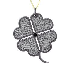 Büyük Yonca Kolye - Siyah zirkon ve swarovski 925 ayar siyah rodyum kaplama gümüş kolye (40 cm altın rolo zincir) #uete4o