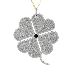 Büyük Yonca Kolye - Siyah zirkon ve beyaz zirkon 18 ayar beyaz altın kolye (40 cm altın rolo zincir) #v7x42x