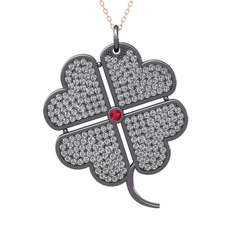 Büyük Yonca Kolye - Rodolit garnet ve beyaz zirkon 925 ayar siyah rodyum kaplama gümüş kolye (40 cm rose altın rolo zincir) #x1uvlp