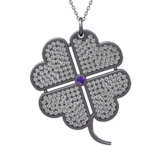 Büyük Yonca Kolye - Ametist ve swarovski 925 ayar siyah rodyum kaplama gümüş kolye (40 cm gümüş rolo zincir) #x6et28