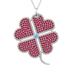 Büyük Yonca Kolye - Akuamarin ve rodolit garnet 14 ayar beyaz altın kolye (40 cm beyaz altın rolo zincir) #xy7ohs