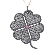 Büyük Yonca Kolye - Pembe kuvars ve beyaz zirkon 925 ayar siyah rodyum kaplama gümüş kolye (40 cm rose altın rolo zincir) #yh4tj2