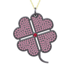 Büyük Yonca Kolye - Rodolit garnet ve pembe kuvars 925 ayar siyah rodyum kaplama gümüş kolye (40 cm gümüş rolo zincir) #yo1uiq