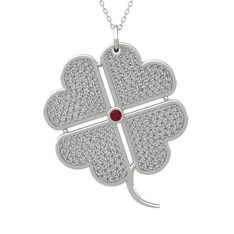 Büyük Yonca Kolye - Kök yakut ve swarovski 8 ayar beyaz altın kolye (40 cm beyaz altın rolo zincir) #zw728k