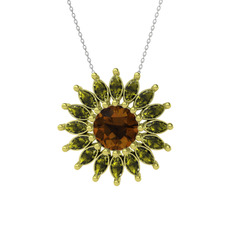 Taşlı Papatya Kolye - Dumanlı kuvars ve peridot 18 ayar altın kolye (40 cm beyaz altın rolo zincir) #104byq9