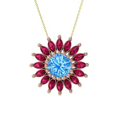 Taşlı Papatya Kolye - Akuamarin ve rodolit garnet 925 ayar rose altın kaplama gümüş kolye (40 cm altın rolo zincir) #106a8s6