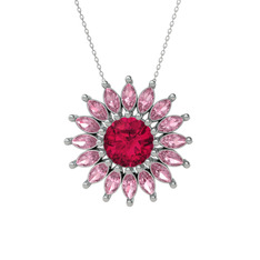 Rodolit garnet ve pembe kuvars 18 ayar beyaz altın kolye (40 cm beyaz altın rolo zincir)