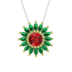 Taşlı Papatya Kolye - Garnet ve yeşil kuvars 925 ayar altın kaplama gümüş kolye (40 cm gümüş rolo zincir) #10a9gp4