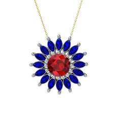 Taşlı Papatya Kolye - Garnet ve lab safir 18 ayar beyaz altın kolye (40 cm altın rolo zincir) #10jajaa
