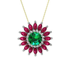 Taşlı Papatya Kolye - Yeşil kuvars ve rodolit garnet 14 ayar beyaz altın kolye (40 cm altın rolo zincir) #10ko3m1