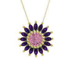 Taşlı Papatya Kolye - Pembe kuvars ve ametist 8 ayar altın kolye (40 cm altın rolo zincir) #10p79ap